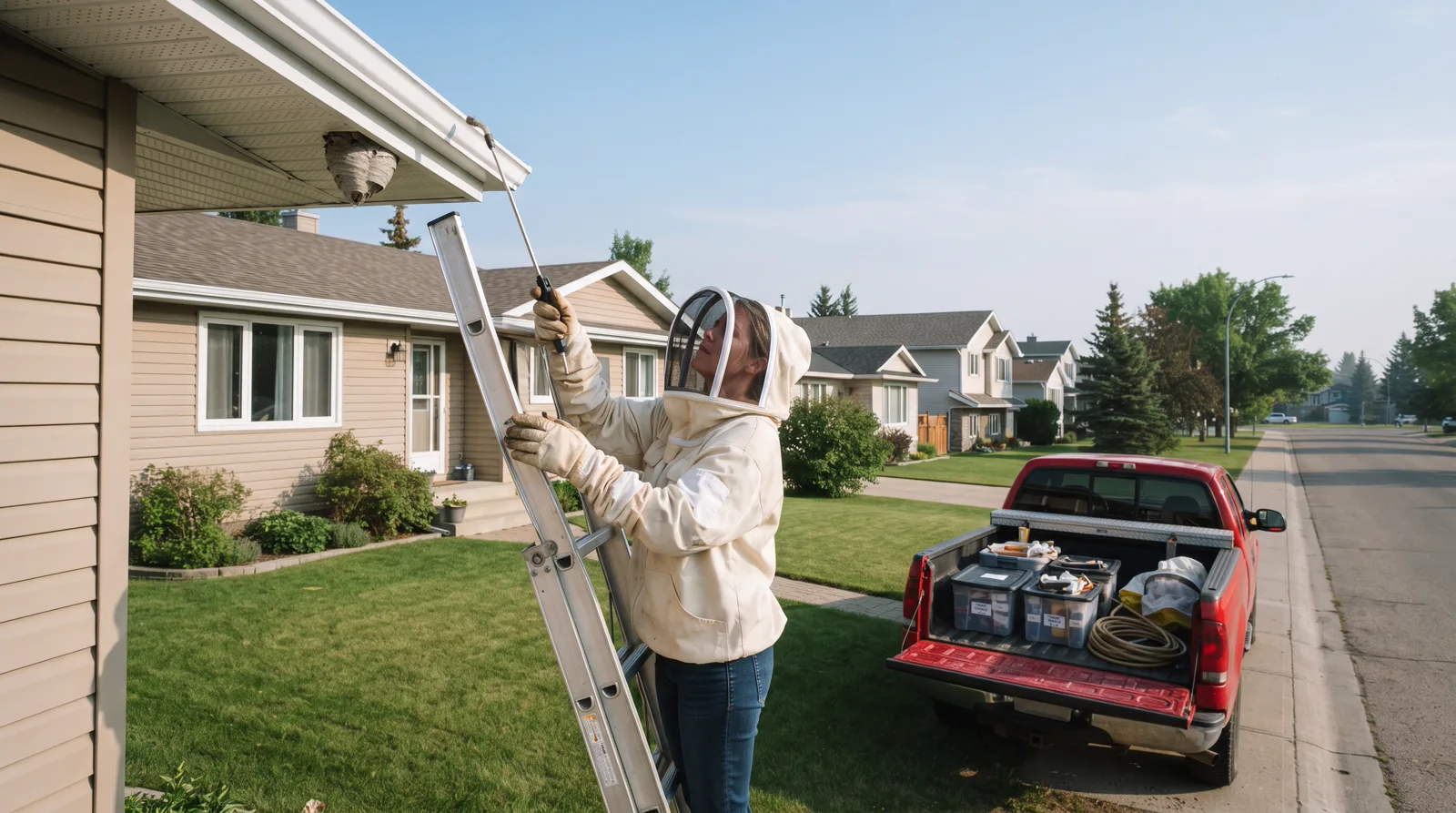 A wasp removal technician on a ladder treating a nest at a Spruce Grove home