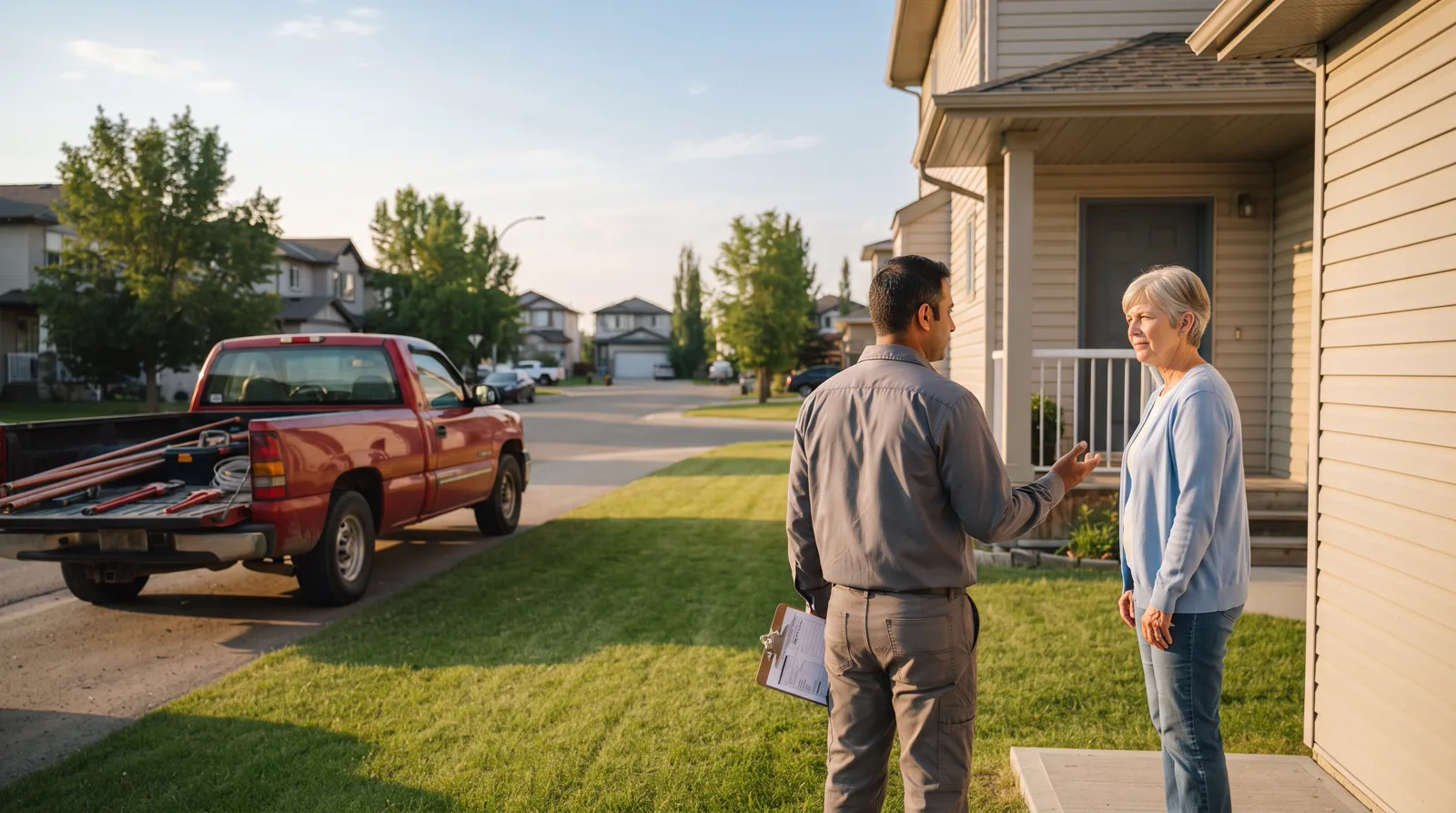 Water heater technician discusses completed work with homeowner on front step in Spruce Grove