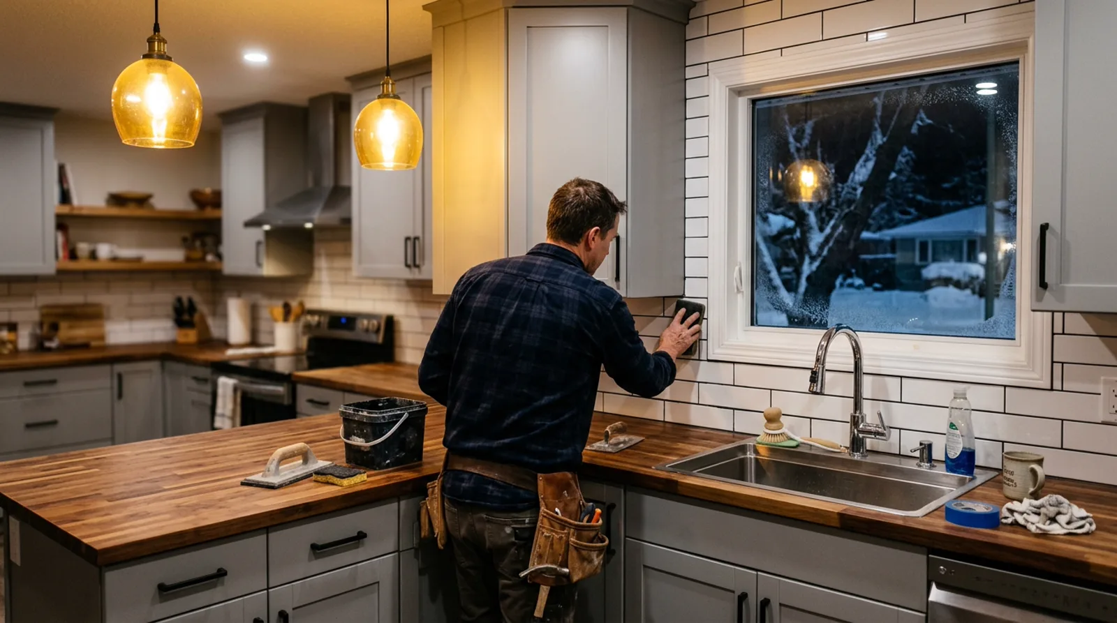 A whole home renovation project in Spruce Grove: a finished kitchen with grey cabinets and warm lighting.