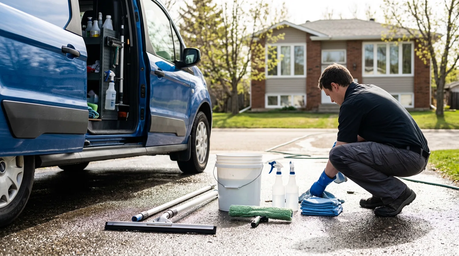 Professional window cleaning equipment ready for work at a Spruce Grove home on a bright spring day.