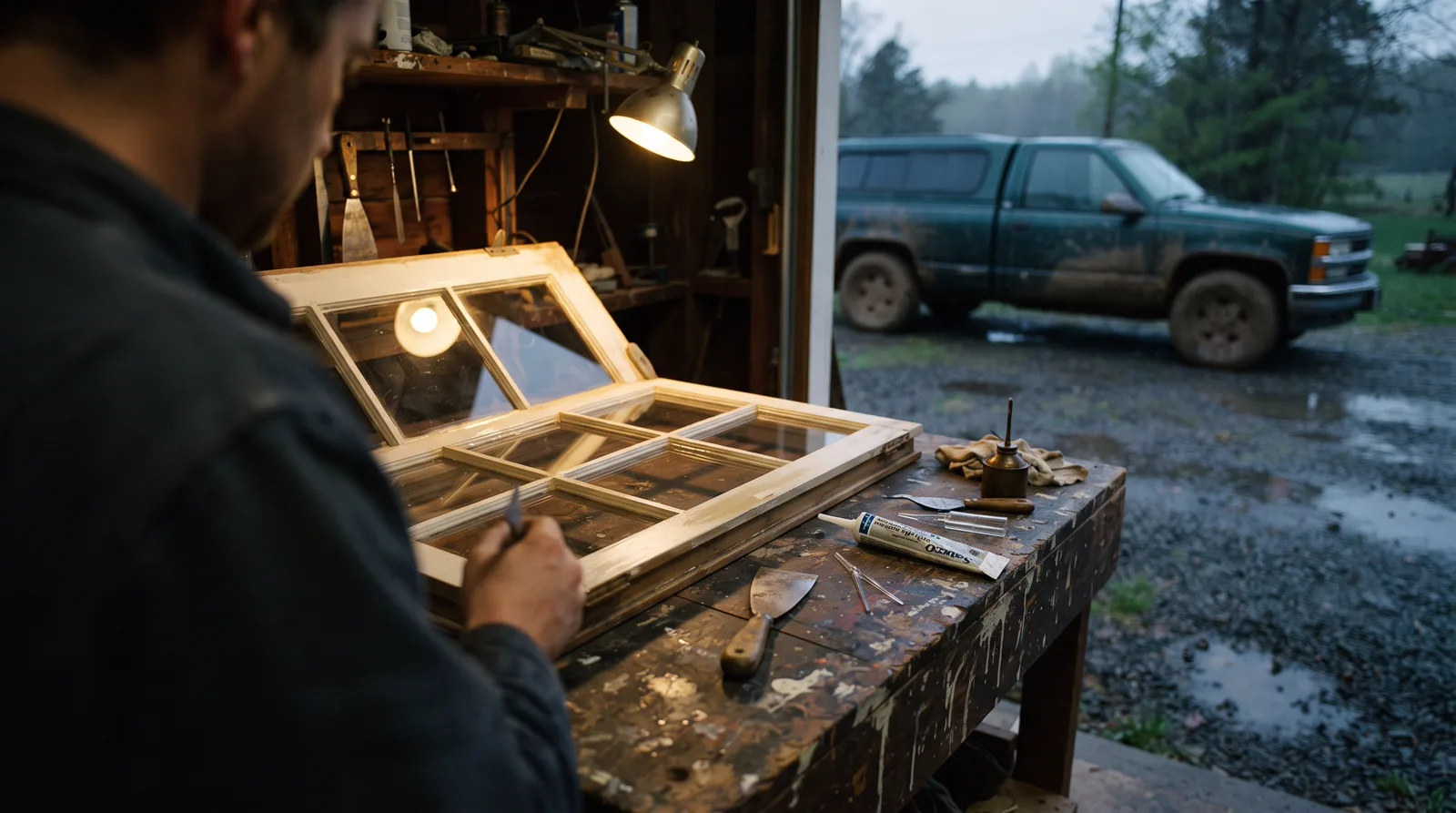 Repaired window frame on a workshop bench in Spruce Grove, illuminated by warm evening lamplight after a spring day.