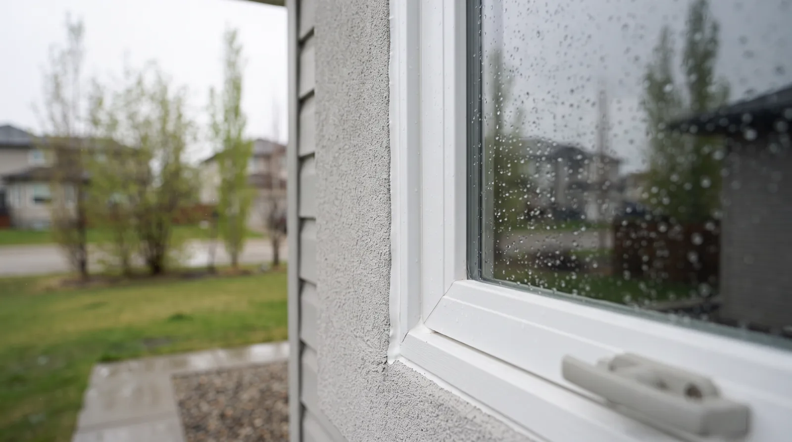 Newly installed window replacement on a Spruce Grove home with spring trees visible