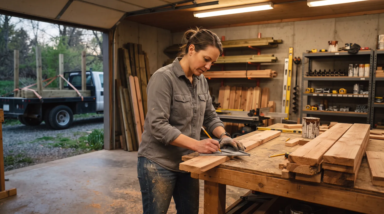 A woman marks cedar fence pickets at her workshop in Spruce Grove on a spring evening.